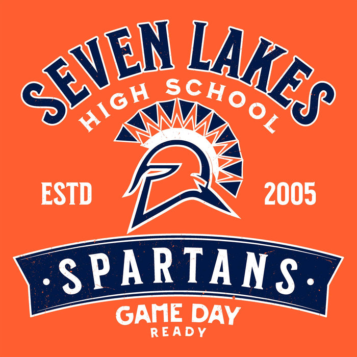 A graphic design featuring the text 'SEVEN LAKES HIGH SCHOOL' and 'SPARTANS GAME DAY READY' in navy blue and white, surrounding a Spartan helmet emblem on a solid orange background. Seven Lakes High School Spartans Orange Classic Unisex T-shirt 221