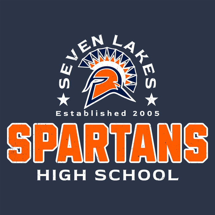 A dark navy graphic design featuring the text 'SEVEN LAKES SPARTANS HIGH SCHOOL' with a stylized Spartan helmet logo in orange, white, and blue, and 'SPARTANS' in large orange letters outlined in white. Seven Lakes High School Spartans Unisex 3/4 sleeve Raglan T-shirt 222