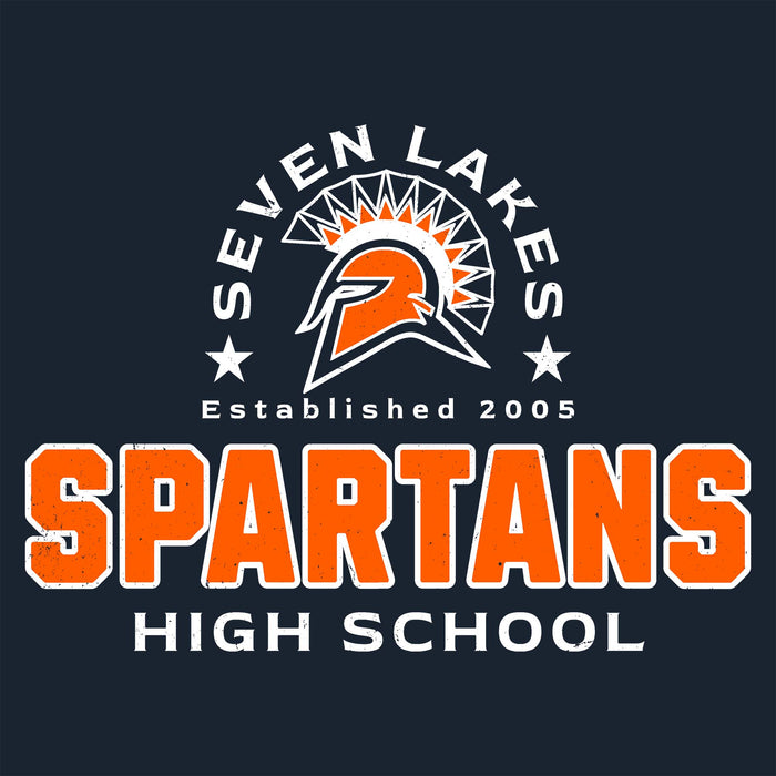 A dark navy graphic design featuring the text 'SEVEN LAKES' in white arching above an orange and white Spartan helmet, with 'Established 2005' below. Large orange and white 'SPARTANS HIGH SCHOOL' lettering appears at the bottom. Seven Lakes High School Spartans Navy Blue Classic Unisex T-shirt 222