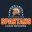 A dark navy graphic design featuring the text 'SEVEN LAKES' in white arching above an orange and white Spartan helmet, with 'Established 2005' below. Large orange and white 'SPARTANS HIGH SCHOOL' lettering appears at the bottom. Seven Lakes High School Spartans Women's Navy Blue SoftStyle T-shirt 222