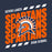 A dark navy graphic design featuring the text 'SEVEN LAKES SPARTANS HIGH SCHOOL' in distressed orange and white lettering, with a central Spartan helmet logo. Seven Lakes High School Spartans Unisex 3/4 sleeve Raglan T-shirt 223