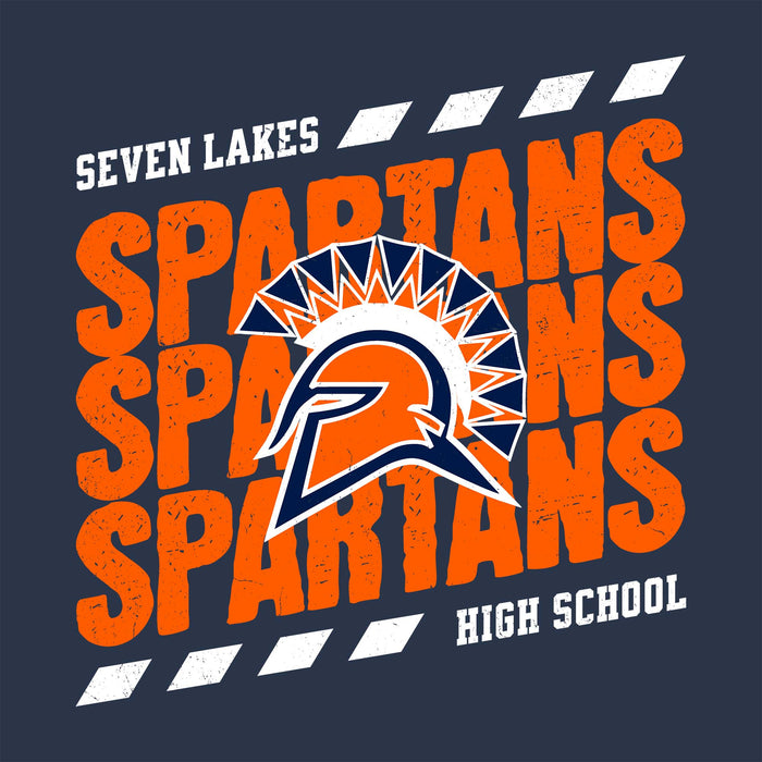 A dark navy graphic design featuring the text 'SEVEN LAKES SPARTANS HIGH SCHOOL' in distressed orange and white lettering, with a central Spartan helmet logo. Seven Lakes High School Spartans Unisex 3/4 sleeve Raglan T-shirt 223