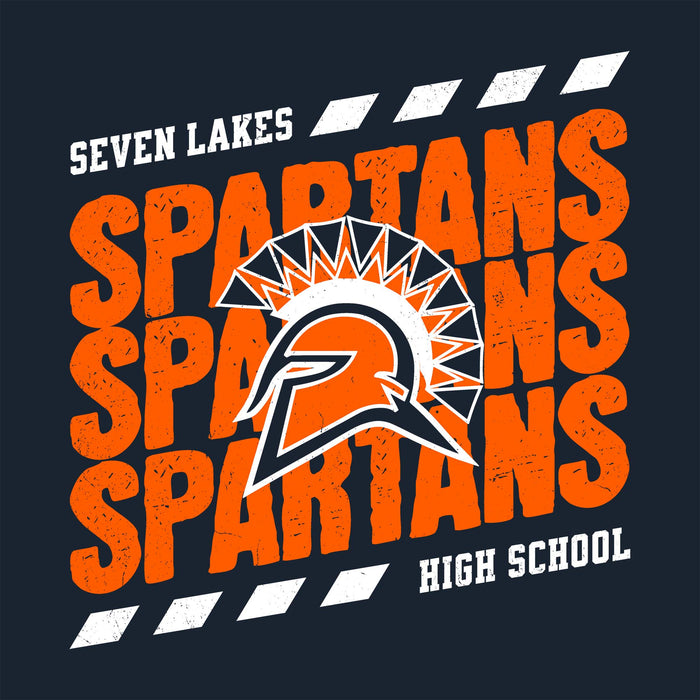 A dark navy graphic design featuring the words 'SEVEN LAKES SPARTANS HIGH SCHOOL' in white and distressed orange lettering, with a central Spartan helmet and shield emblem. Seven Lakes High School Spartans Women's Navy Blue SoftStyle T-shirt 223