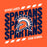 A graphic design featuring the word 'SPARTANS' repeated vertically in dark navy blue distressed text on a bright orange background, with a Spartan helmet and crest in the center. White text reads 'SEVEN LAKES' at the top and 'HIGH SCHOOL' at the bottom, with white dash-like stripes in the corners. Seven Lakes High School Spartans Orange Classic Unisex T-shirt 223