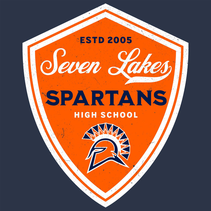 A shield-shaped orange and white graphic with the text 'ESTD 2005 Seven Lakes SPARTANS HIGH SCHOOL' and a Spartan helmet logo, shown on a dark navy background. Seven Lakes High School Spartans Unisex 3/4 sleeve Raglan T-shirt 225