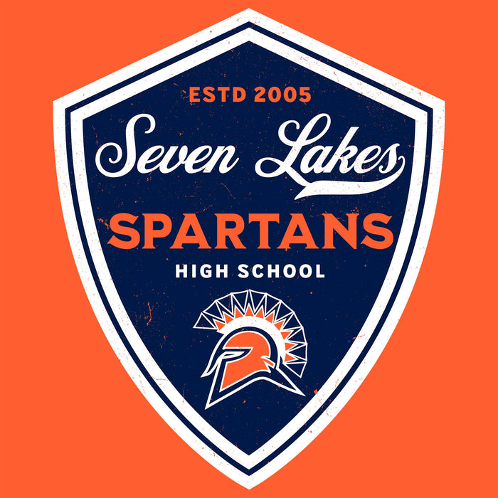 A shield-shaped school emblem reading 'Seven Lakes Spartans High School' with 'ESTD 2005' at the top and a Spartan helmet logo near the bottom, centered on a solid orange background. Seven Lakes High School Spartans Orange Classic Unisex T-shirt 225
