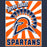 A retro-style graphic print featuring an orange and white sunburst background with a large Spartan helmet in navy blue and orange, plus the words 'Seven Lakes' at the top and 'SPARTANS' at the bottom. Seven Lakes High School Spartans Unisex 3/4 sleeve Raglan T-shirt 226