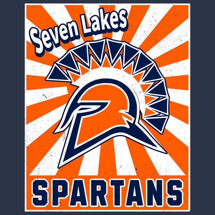 A retro-style graphic print featuring an orange and white sunburst background with a large Spartan helmet in navy blue and orange, plus the words 'Seven Lakes' at the top and 'SPARTANS' at the bottom. Seven Lakes High School Spartans Unisex 3/4 sleeve Raglan T-shirt 226