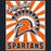 A retro-style graphic print featuring an orange and white sunburst background with a large Spartan helmet in black and orange, the words 'Seven Lakes' at the top, and 'SPARTANS' at the bottom. Seven Lakes High School Spartans Women's Navy Blue SoftStyle T-shirt 226