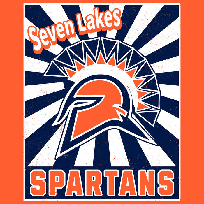 A square graphic design featuring the text 'Seven Lakes' at the top and 'SPARTANS' at the bottom, with a large Spartan helmet and radiating sunburst background in navy, white, and orange. Seven Lakes High School Spartans Orange Classic Unisex T-shirt 226