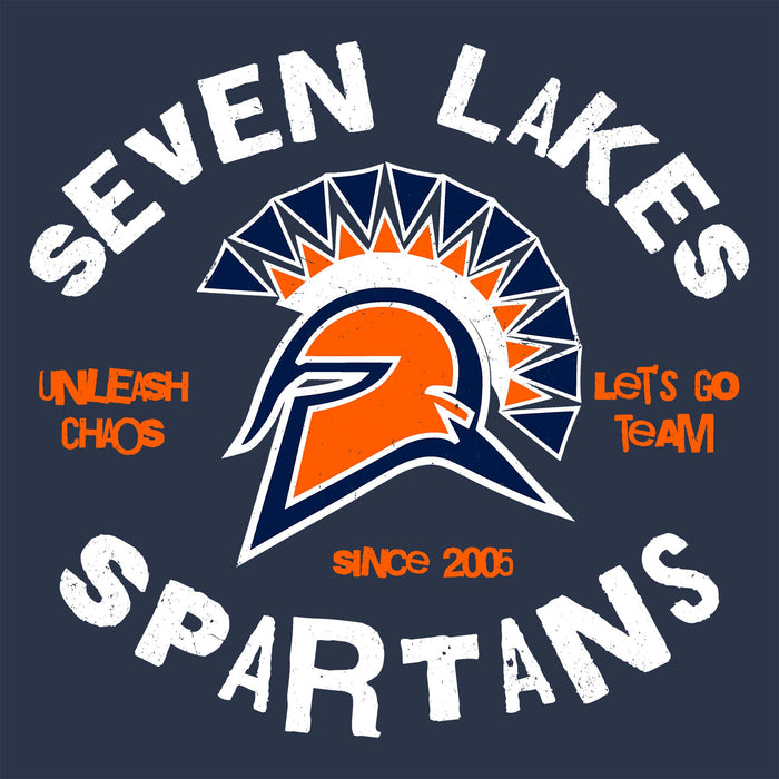 A graphic design featuring a Spartan helmet with a stylized fan crest in navy, orange, and white, surrounded by the text 'SEVEN LAKES SPARTANS' in distressed white lettering, with orange text reading 'UNLEASH CHAOS' and 'LET'S GO TEAM' and 'since 2005' on a dark navy background. Seven Lakes High School Spartans Unisex 3/4 sleeve Raglan T-shirt 228