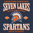 A graphic design for a Seven Lakes High School Spartans t-shirt. The design features a navy blue background with distressed white and orange text reading 'LEGENDS FOREVER', 'SEVEN LAKES', 'NEVER BACK DOWN', 'SPARTANS', and 'HIGH SCHOOL'. Seven Lakes High School Spartans Unisex 3/4 sleeve Raglan T-shirt 230