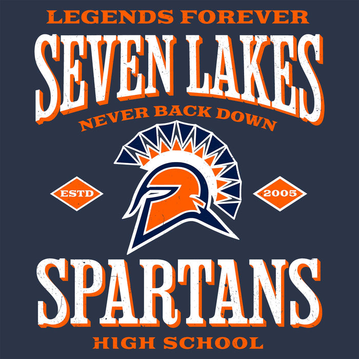 A graphic design for a Seven Lakes High School Spartans t-shirt. The design features a navy blue background with distressed white and orange text reading 'LEGENDS FOREVER', 'SEVEN LAKES', 'NEVER BACK DOWN', 'SPARTANS', and 'HIGH SCHOOL'. Seven Lakes High School Spartans Unisex 3/4 sleeve Raglan T-shirt 230
