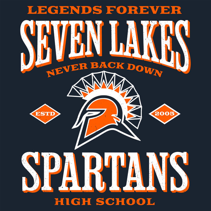A dark navy graphic design featuring the words 'LEGENDS FOREVER', 'SEVEN LAKES', 'NEVER BACK DOWN', 'SPARTANS', and 'HIGH SCHOOL' in distressed white and orange lettering, with a Spartan helmet logo in the center and small 'ESTD 2005' diamond icons on both sides. Seven Lakes High School Spartans Women's Navy Blue SoftStyle T-shirt 230