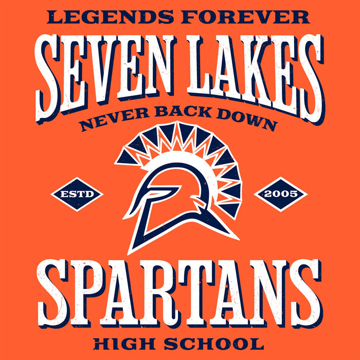 A graphic design featuring the text 'LEGENDS FOREVER SEVEN LAKES NEVER BACK DOWN' and 'SPARTANS HIGH SCHOOL' in white and navy blue lettering on a solid orange background, with a Spartan helmet logo in the center. Seven Lakes High School Spartans Orange Classic Unisex T-shirt 230