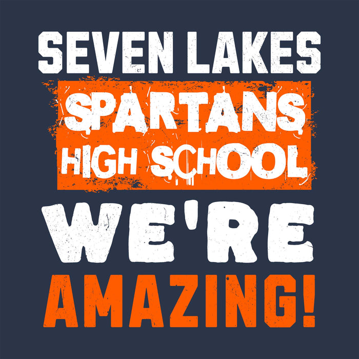 A graphic design with the text 'SEVEN LAKES SPARTANS HIGH SCHOOL WE'RE AMAZING!' in distressed white and orange lettering on a dark navy background. Seven Lakes High School Spartans Unisex 3/4 sleeve Raglan T-shirt 231