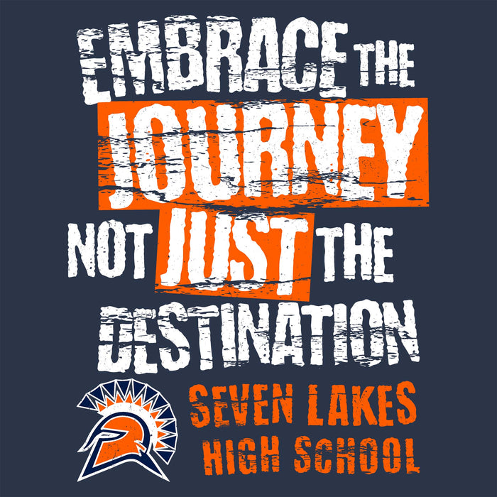 A dark navy graphic design with distressed white and orange text reading 'EMBRACE THE JOURNEY NOT JUST THE DESTINATION' and 'SEVEN LAKES HIGH SCHOOL,' plus a stylized orange, white, and navy school logo at the bottom left. Seven Lakes High School Spartans Unisex 3/4 sleeve Raglan T-shirt 232