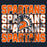 A graphic design featuring the word 'SPARTANS' repeated four times in bold orange and white block letters with a distressed halftone texture, overlaid with a central Spartan helmet logo in orange, white, and black on a dark navy background. Seven Lakes High School Spartans Navy Blue Classic Unisex T-shirt 233