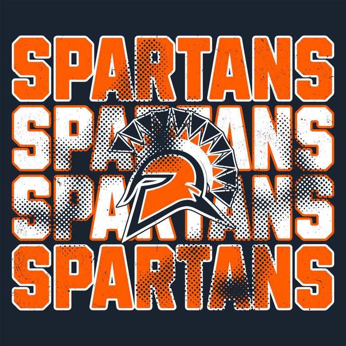 A graphic design featuring the word 'SPARTANS' repeated four times in bold orange and white block letters with a distressed halftone texture, overlaid with a central Spartan helmet logo in orange, white, and black on a dark navy background. Seven Lakes High School Spartans Women's Navy Blue SoftStyle T-shirt 233