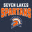 A graphic design featuring the text 'SEVEN LAKES SPARTANS' on a dark navy blue background. 'SEVEN LAKES' is printed in white distressed block letters, and 'SPARTANS' is in large orange letters with a white outline. Seven Lakes High School Spartans Unisex 3/4 sleeve Raglan T-shirt 234