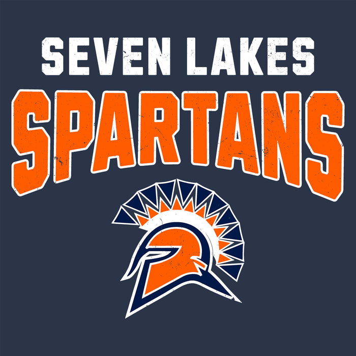 A graphic design featuring the text 'SEVEN LAKES SPARTANS' on a dark navy blue background. 'SEVEN LAKES' is printed in white distressed block letters, and 'SPARTANS' is in large orange letters with a white outline. Seven Lakes High School Spartans Unisex 3/4 sleeve Raglan T-shirt 234