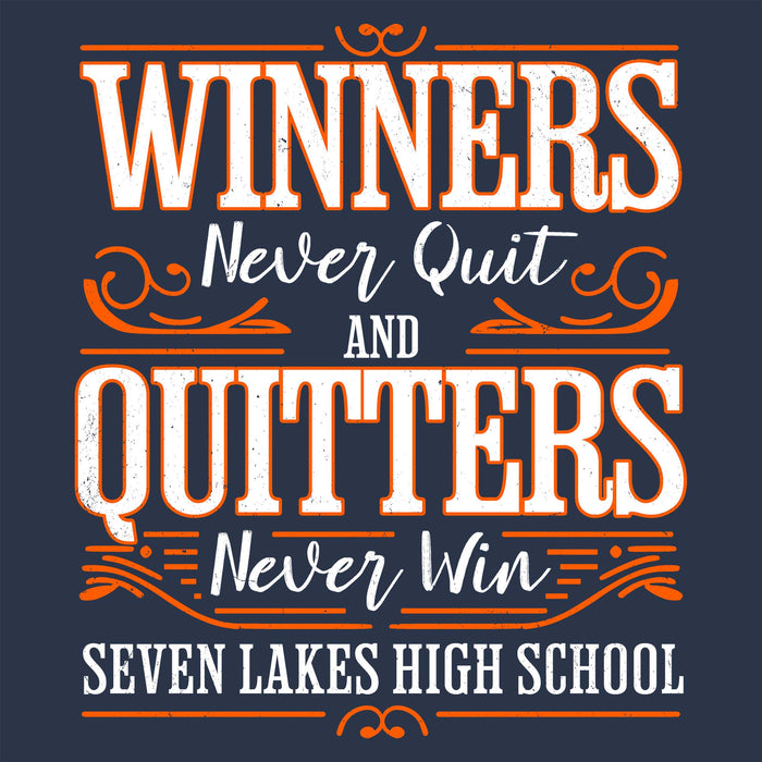 A square graphic print featuring motivational text on a dark navy background. The design reads 'WINNERS Never Quit QUITTERS Never Win SEVEN LAKES HIGH SCHOOL' in white and orange lettering with decorative flourishes. Seven Lakes High School Spartans Unisex 3/4 sleeve Raglan T-shirt 237