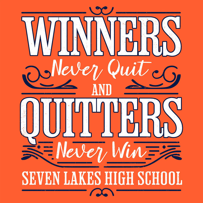 A motivational quote graphic reading 'WINNERS Never Quit AND QUITTERS Never Win' with 'SEVEN LAKES HIGH SCHOOL' at the bottom, shown in white and navy text on a bright orange background. Seven Lakes High School Spartans Orange Classic Unisex T-shirt 237
