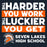 A square graphic with the motivational phrase 'THE HARDER YOU WORK THE LUCKIER YOU GET' in distressed white text on orange and dark navy blocks, plus a Seven Lakes High School logo and text at the bottom. Seven Lakes High School Spartans Women's Navy Blue SoftStyle T-shirt 238
