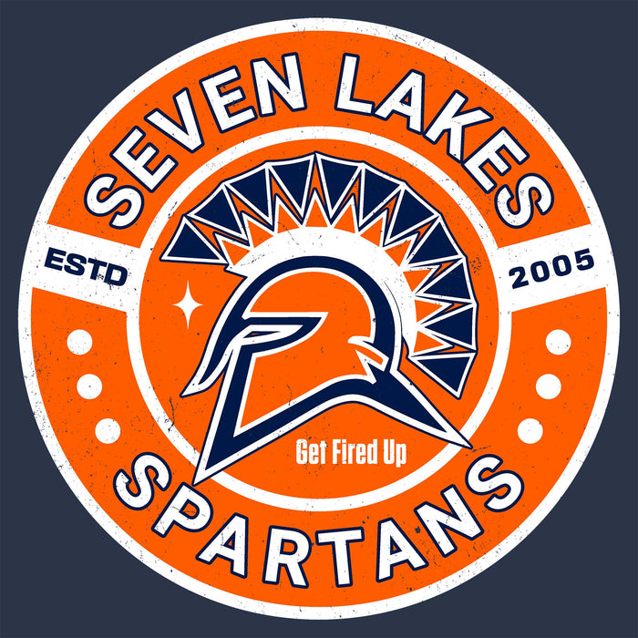 A circular orange, white, and navy graphic design featuring a Spartan helmet logo and the text 'SEVEN LAKES SPARTANS', 'ESTD 2005', and 'Get Fired Up' on a dark navy background. Seven Lakes High School Spartans Unisex 3/4 sleeve Raglan T-shirt 239