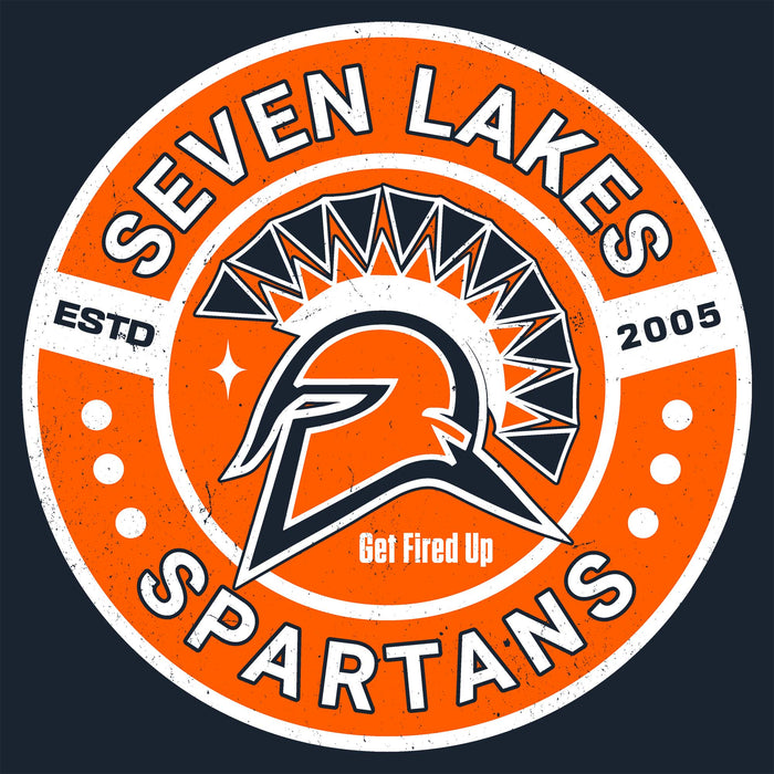 A circular orange, white, and black graphic design reading 'SEVEN LAKES SPARTANS' with 'ESTD 2005' and 'Get Fired Up' text, centered on a dark navy background. Seven Lakes High School Spartans Women's Navy Blue SoftStyle T-shirt 239