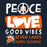 A graphic design on a dark navy background featuring the words 'PEACE LOVE GOOD VIBES' in distressed white and orange lettering, with a peace sign containing a smiley face and a stylized Spartan helmet logo. The text reads 'SEVEN LAKES HIGH SCHOOL'. Seven Lakes High School Spartans Women's Navy Blue SoftStyle T-shirt 240