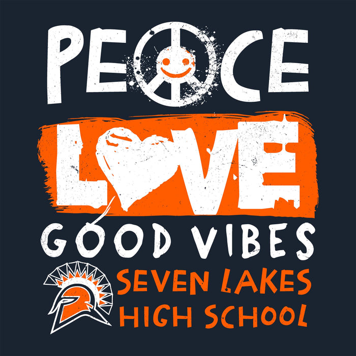 A graphic design on a dark navy background featuring the words 'PEACE LOVE GOOD VIBES' in distressed white and orange lettering, with a peace sign containing a smiley face and a stylized Spartan helmet logo. The text reads 'SEVEN LAKES HIGH SCHOOL'. Seven Lakes High School Spartans Women's Navy Blue SoftStyle T-shirt 240