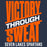 A graphic design featuring the motivational phrase 'VICTORY THROUGH SWEAT' in distressed orange and white lettering on a dark navy blue background, with 'SEVEN LAKES SPARTANS' written in white at the bottom. Seven Lakes High School Spartans Unisex 3/4 sleeve Raglan T-shirt 241