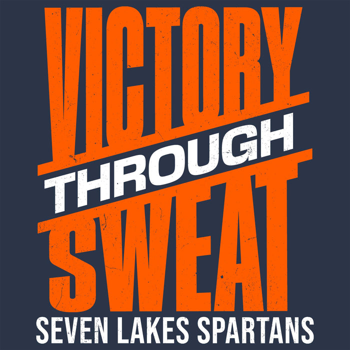 A graphic design featuring the motivational phrase 'VICTORY THROUGH SWEAT' in distressed orange and white lettering on a dark navy blue background, with 'SEVEN LAKES SPARTANS' written in white at the bottom. Seven Lakes High School Spartans Unisex 3/4 sleeve Raglan T-shirt 241