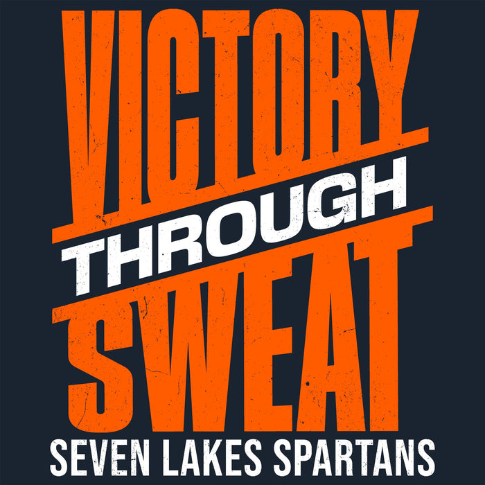 A graphic design featuring the motivational phrase 'VICTORY THROUGH SWEAT' in bold orange and white distressed lettering, with 'SEVEN LAKES SPARTANS' written below in white, set against a dark navy blue background. Seven Lakes High School Spartans Women's Navy Blue SoftStyle T-shirt 241