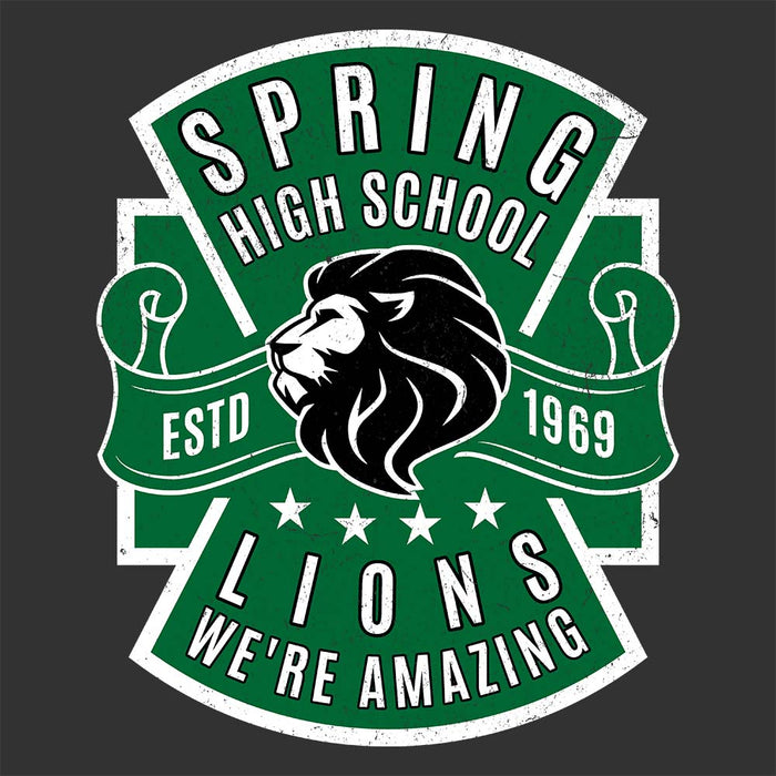 Close-up view of Spring High School Lions Women's Dark Grey Relaxed T-shirt 207