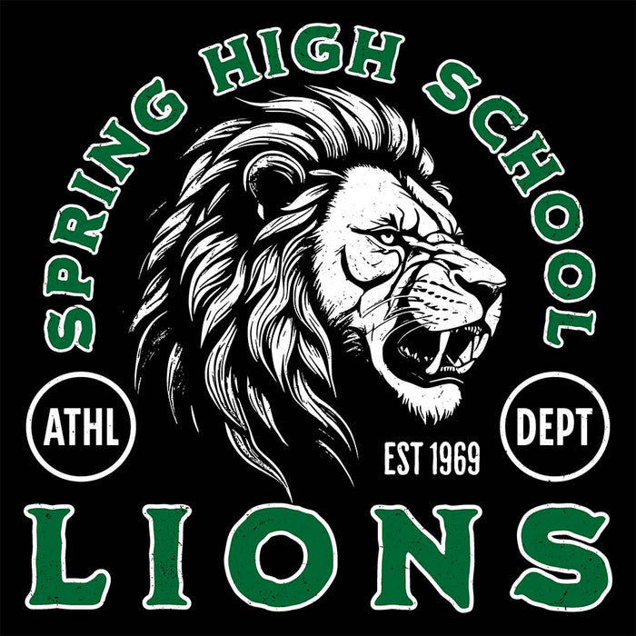 Close-up view of Spring High School Lions Women's Black Relaxed T-shirt 208