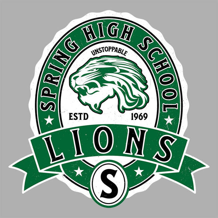 Close-up view of Spring High School Lions Unisex 3/4 sleeve Raglan T-shirt 212