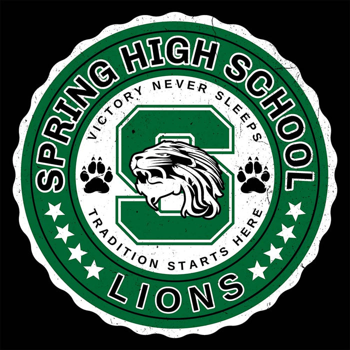 Close-up view of Spring High School Lions Women's Black Relaxed T-shirt 216