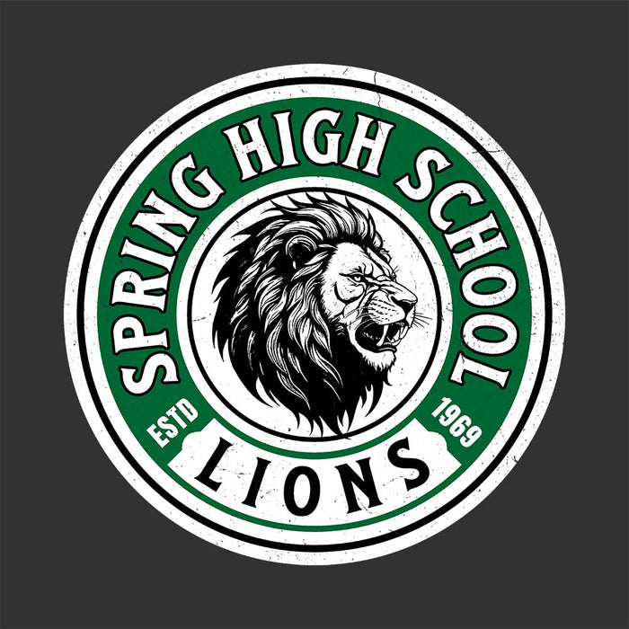 Close-up view of Spring High School Lions Women's Dark Grey Relaxed T-shirt 220