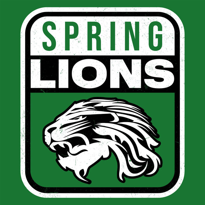 A square graphic with the words 'SPRING LIONS' in distressed white and green lettering on a green background, with a stylized white lion head outlined in black below. Spring High School Lions Turf Green Classic Unisex T-shirt 001