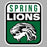 A rectangular sticker with rounded corners featuring a distressed vintage design. The top section is white with green text reading 'SPRING' and black text reading 'LIONS'. Spring High School Lions Women's Grey SoftStyle T-shirt 001