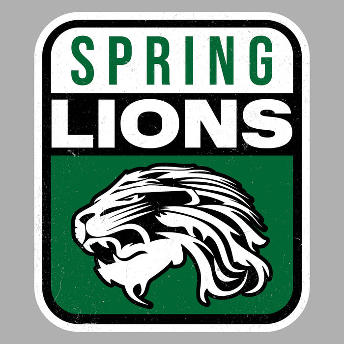 A rectangular sticker with rounded corners featuring a distressed vintage design. The top section is white with green text reading 'SPRING' and black text reading 'LIONS'. Spring High School Lions Women's Grey SoftStyle T-shirt 001