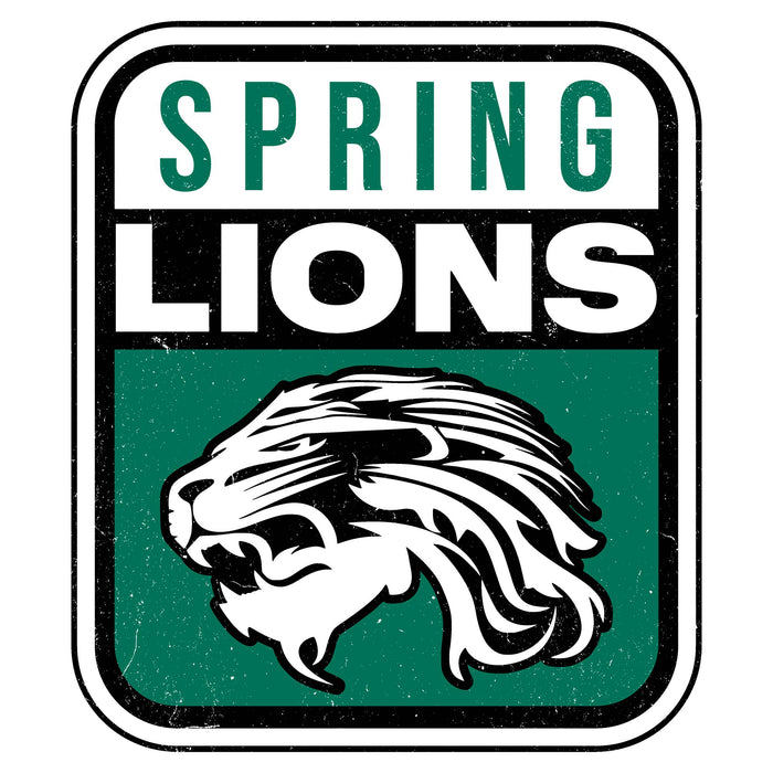 A square Spring Lions logo graphic with a distressed vintage look, featuring a roaring lion head in white and black on a dark green background, with the words 'SPRING LIONS' in green and white above it. Spring High School Lions Unisex 3/4 Sleeve Raglan T-shirt 001