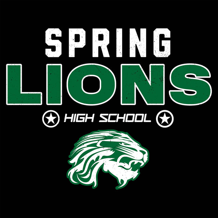 A black square graphic with the words 'SPRING LIONS HIGH SCHOOL' in white and green, plus a green-and-white lion head logo below. Spring High School Lions Women's Black SoftStyle T-shirt 003