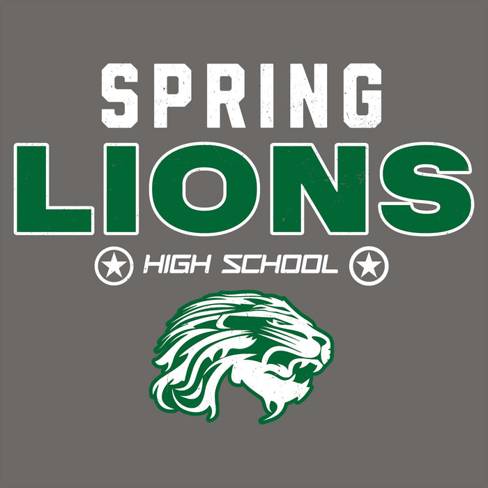 A graphic design featuring the words 'SPRING LIONS HIGH SCHOOL' with a stylized green and white lion head mascot on a solid dark gray background. Spring High School Lions Dark Grey Classic Unisex T-shirt 003