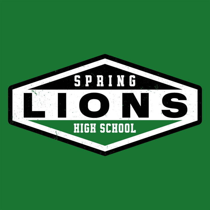 A green square graphic with a white and black hexagonal logo reading 'SPRING LIONS HIGH SCHOOL' in bold text. Spring High School Lions Turf Green Classic Unisex T-shirt 009