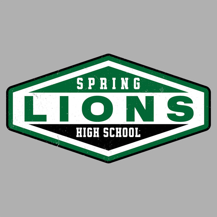 A hexagonal school logo design reading 'SPRING LIONS HIGH SCHOOL' in green, white, and black, centered on a plain gray background.Spring High School Lions Women's Grey SoftStyle T-shirt 009
