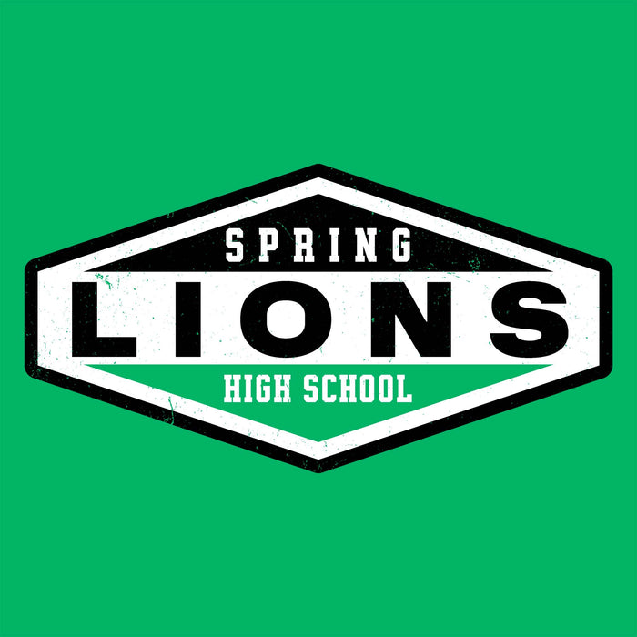 A distressed school logo reading 'SPRING LIONS HIGH SCHOOL' in black, white, and green on a solid green background. Spring High School Lions Women's Irish Green SoftStyle T-shirt 009