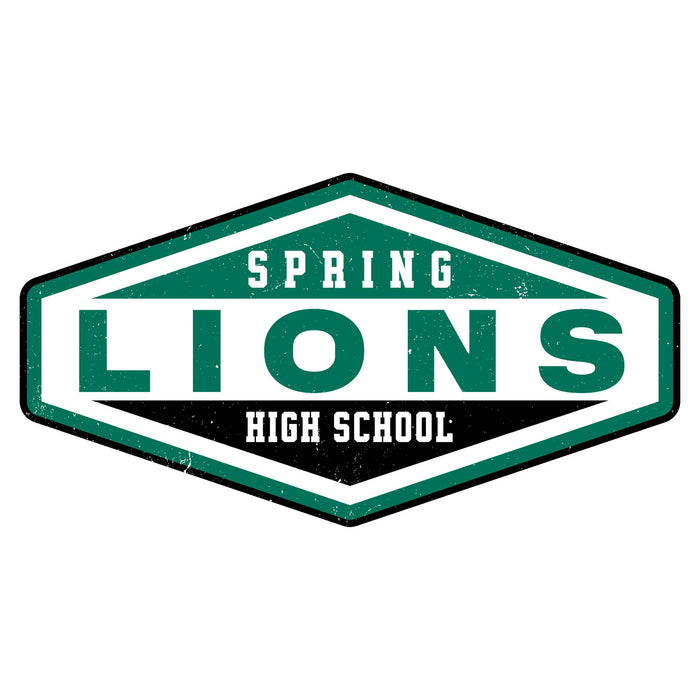 A hexagonal school logo reading 'SPRING LIONS HIGH SCHOOL' in green, white, and black, centered on a plain white background. Spring High School Lions Unisex 3/4 Sleeve Raglan T-shirt 009